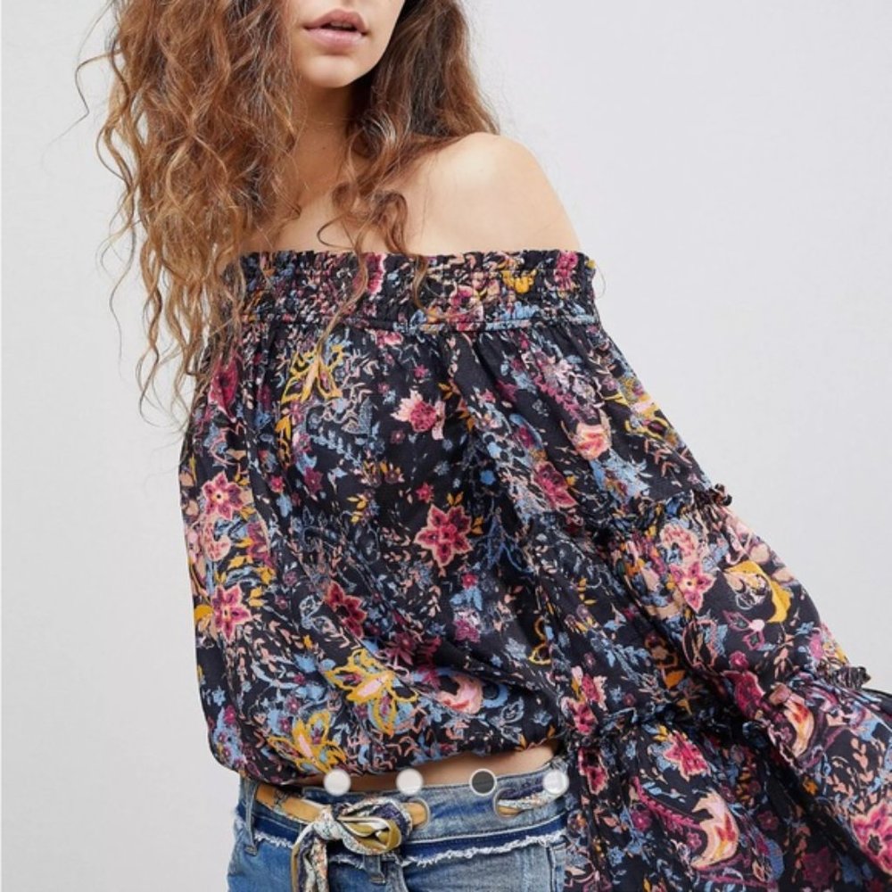 Free People Free Spirited Off The Shoulder Top Bell Sleeve Boho Floral Blouse XS - Picture 2 of 15